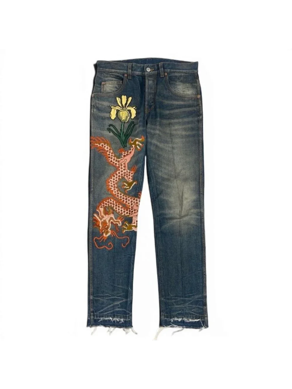 Gucci Dragon Flower Embroidery Vintage Wash Denim Pants Flour Embroidered Jeans